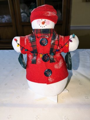 1990s Vintage Snowman Decoration With Red Coat And Holding Lights