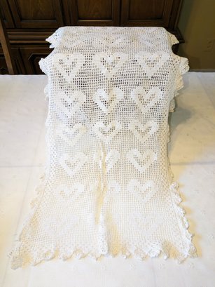 Hand Crocheted Lace Heart Design Table Or Dresser Scarf