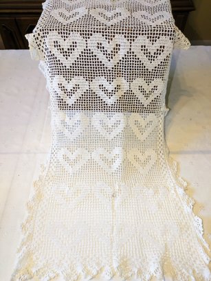 Hand Crocheted Lace Heart Design Table Or Side Table Scarf - 2 Small Spots On Lace