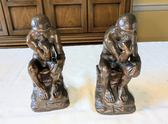 Antique Pair Of Copper Clad Jenning Brothers B2176  'The Thinker' Bookend Statues