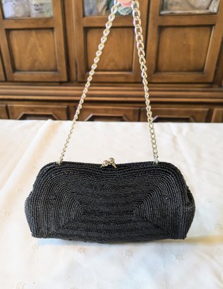 Wallborg Vintage Black Beaded Purse With Silver Accents