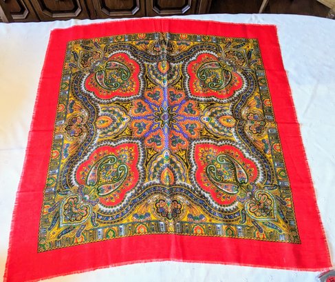 Multi Colored Paisley Design Scarf With A Solid Red Border