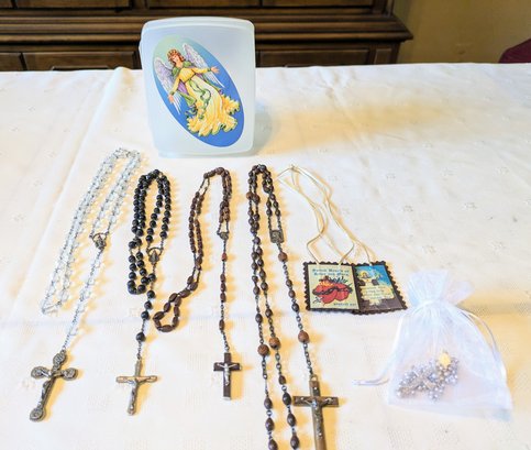 Set Of 5 Rosary Beads & 1 Scapular In Plastic Angel Storage Container