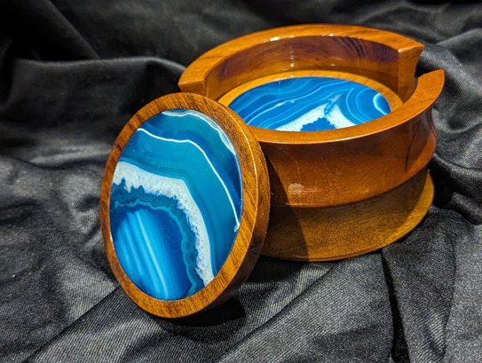 Wooden Coaster Set With Inlayed Blue Agate