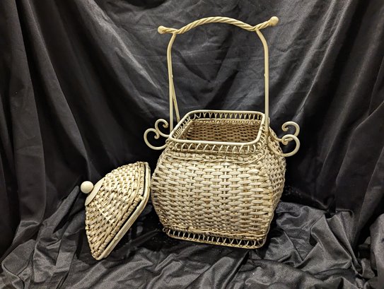 Lidded Wrought Iron And Wicker Basket