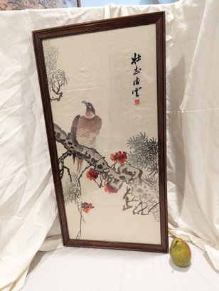 Vintage Embroidered Chinese Silk Fabric Of A Bird In A Tree #6