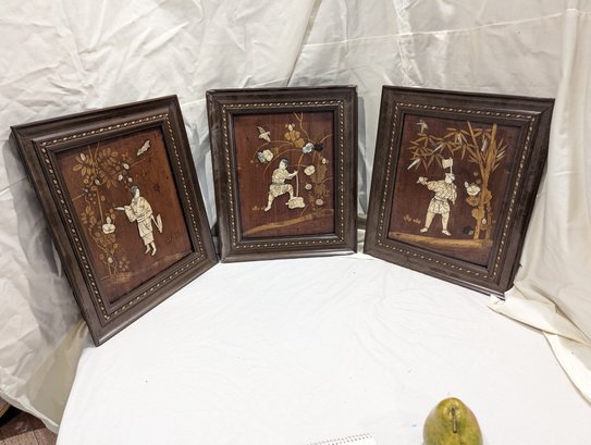 Collection Of Three Framed Vintage Japanese Inlay Works With Relief Figures