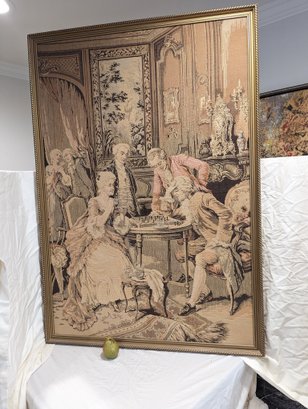 Very Large Antique French Framed Tapestry Of A Couple Playing Chess #27