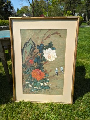 Vintage Asian Watercolor Painting Of Flowers And Birds