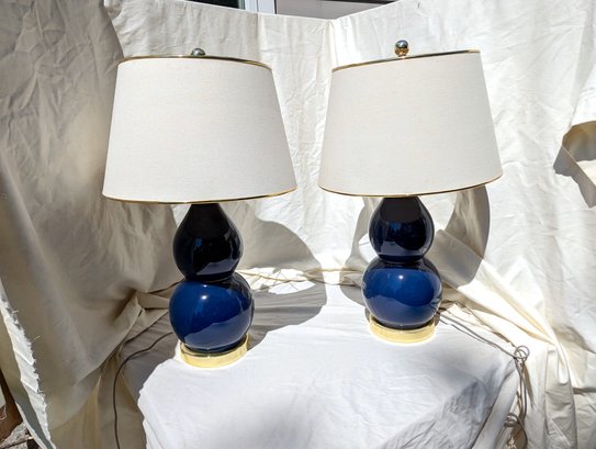 Pair Of Blue Glazed Ceramic Gourd Shaped Lamps