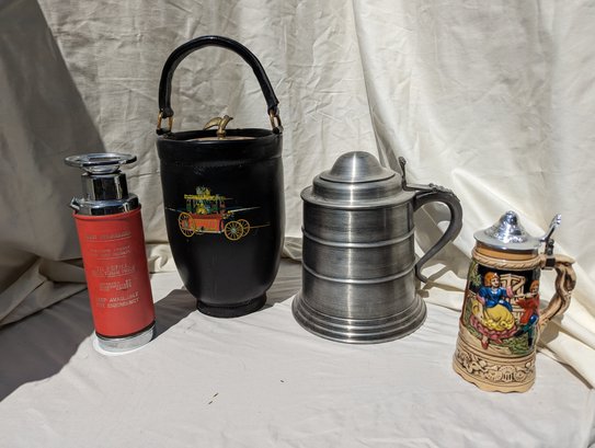 Collection Of 4 Vintage Barware Items Including A Leather Fire Ice Bucket By Loyal