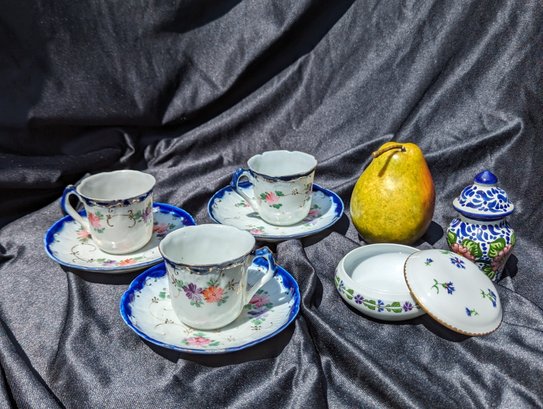Collection Of Three Tea Cups And Saucers And Two Lidded Dishes