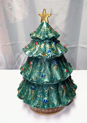 Vintage Hand Painted In Italy, Ceramic Glazed Christmas Tree Cookie Jar - Stamped On Bottom