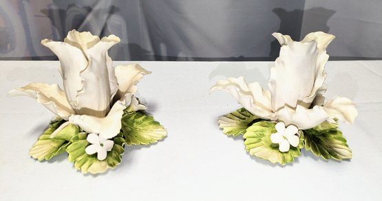 Pair Of 2 Capodimonte Inspired, Mira Porcelain Floral Design Candle Holders - Made In Italy - Marked