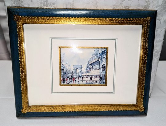 Vintage Blue & Gold Framed French Color Print Of Champs Elysee Print