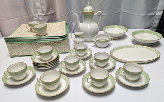 Vintage Royal Copenhagen Porcelain Green And White Coffee/Tea Set With Gold Trim And Accents