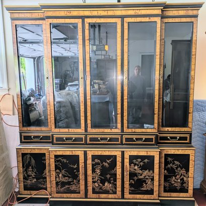 Mid Century Drexel Heritage Et Cetera  Asian Chinoiserie Black Lacquered, Burl & Gold Gilt China Cabinet