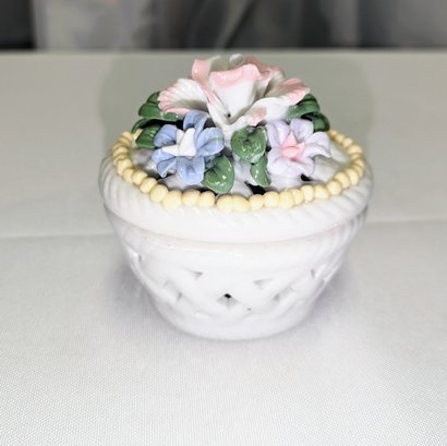Vintage Porcelain Weave Basket With Lidded Floral Top Trinket Box