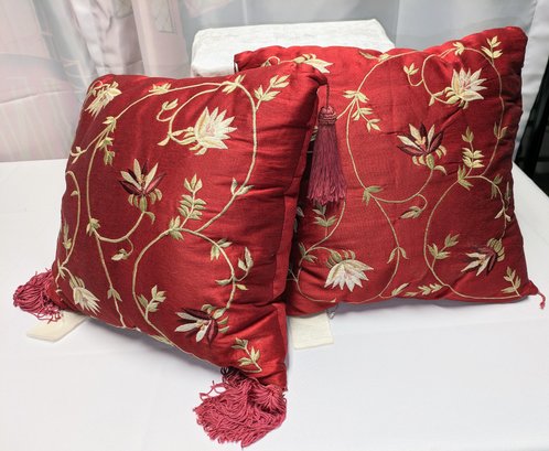 Pair Of  Vintage Tassel Accented Red Silk Throw Pillows