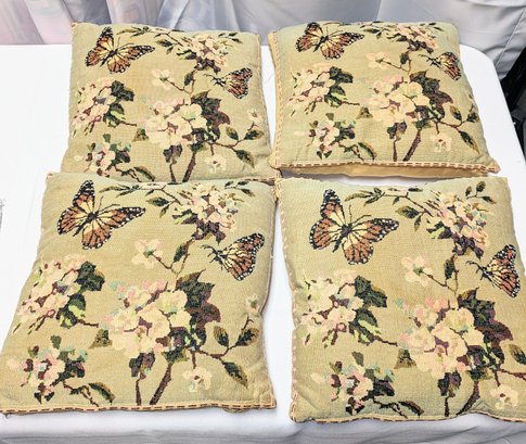Set Of 4 Of  Vintage Butterfly & Floral Design Tapestry Throw Pillows