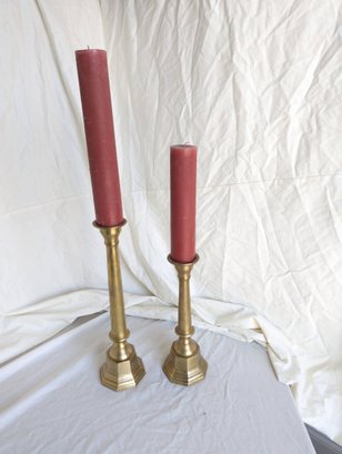 Two Solid Brass Candlesticks With Candles