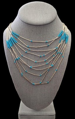 Beautiful Vintage Native American Sterling Silver Turquoise Color Liquid Heishi Necklace