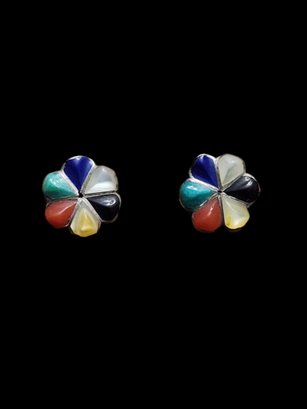 Vintage Native American Sterling Silver Multi Color Inlay Earrings