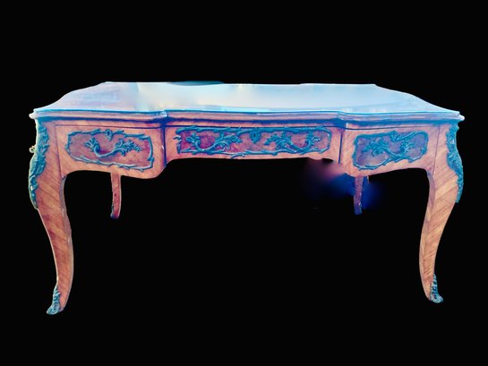 Beautiful Burl Wood Inlay And Veneer Glass Top Desk With Iron Embellishments