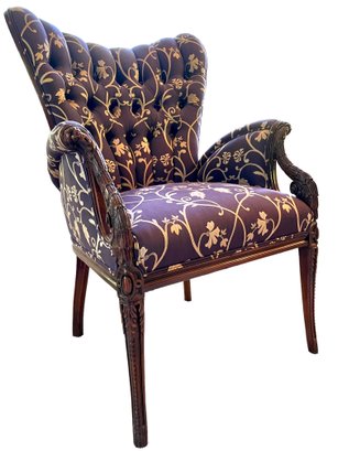 Antique And Newly Upholstered, Carved Wing Chair With Purple Accent. (1)