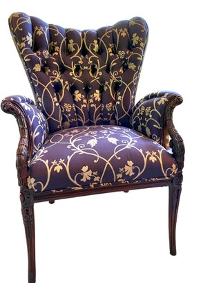 Antique And Newly Upholstered, Carved Wing Chair With Purple Accent. (2)