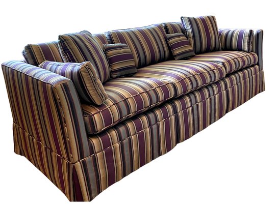Newly Upholstered Three Cushions Sofa In Striped Upholstery With Purple Accent.