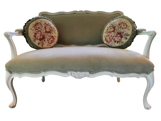 Newly Upholstered, French Provincial Settee In Light Olive  Green Velvet  Upholstery .