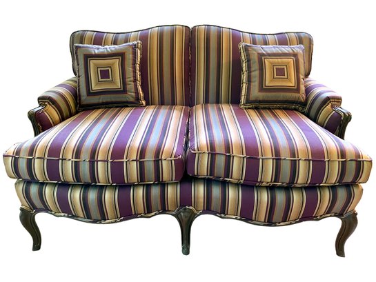 Newly Upholstered Provincial Settee In Striped Pattern With Purple And Beige Accent.
