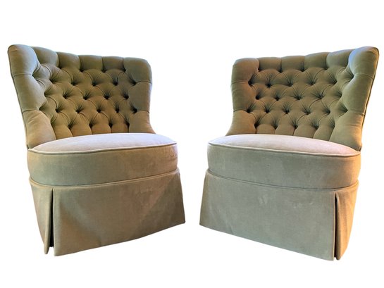 Pair Of MCM , Tufted Back Club Chairs In Light Olive Green Velvet Upholstery.