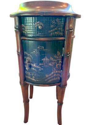 Newer Oriental Wood Faux Bamboo Round Side Table With A Drawer And Cabinet.
