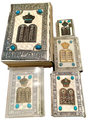 Five Judaica Jewish Praying  Books And Bible  In A Silver-plated And Turquoise Covers.