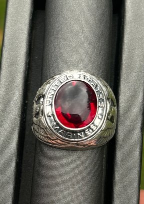 Silver 925 Marines 'Class Ring' Style With Red Stone