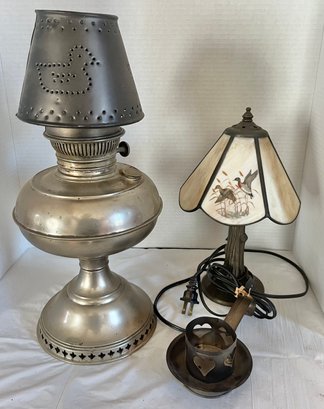 Vintage Electric Table Lamp, Pierced Shade Oil Lamp And Tin Candle Holder