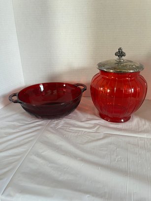 Vintage Red Glass Bowl And Container