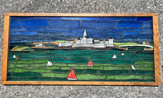 Stained Glass Panel Of The Coast With Sailboats