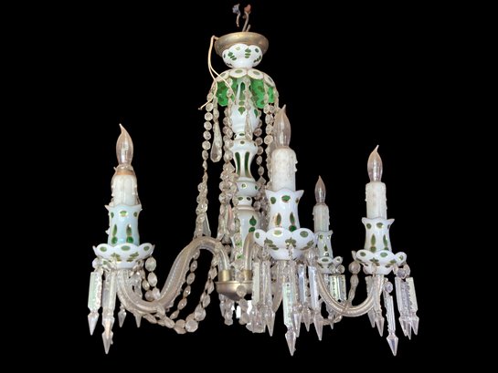 Stunning Early 1900's Beautiful Chandelier White Cut To Green Glass Trimmed In Gold Boheimian Style