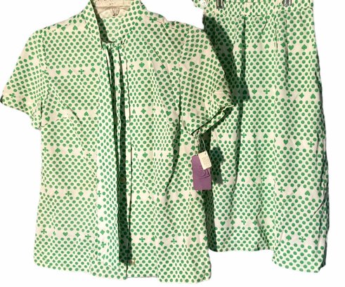 Vintage 1960s Green Polka Dot Skirt & Top By David Crystal - Original Tags
