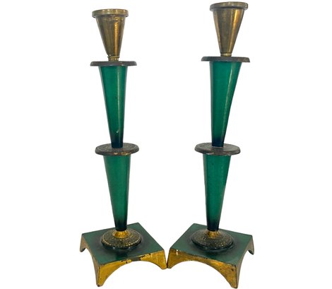 Vintage Brass And Enamel Israeli Candleholders