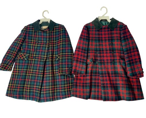 Two Vintage Girls British Wool Plaid Coats By Glenconner