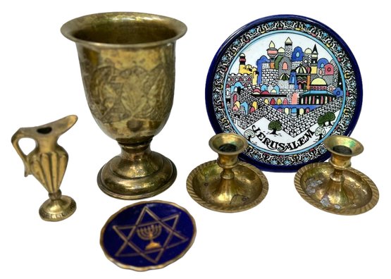 Judaica Group Including Brass Kiddush Cup