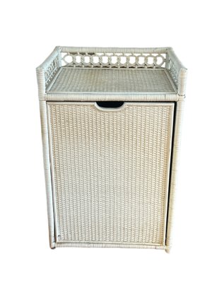 Vintage White Wicker Hamper With Pull Out Front Bin