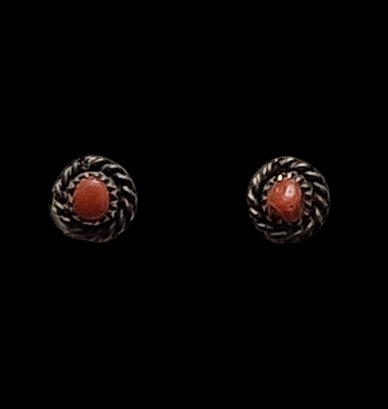 Vintage Native American Sterling Silver Coral Color Stud Earrings