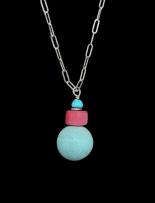 Vintage Sterling Silver Turquoise And Coral Color Necklace
