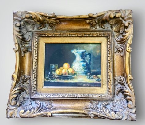 Vintage Still Life Faux Oil Painting - Print On Canvas With Ornate Gold Leaf Frame