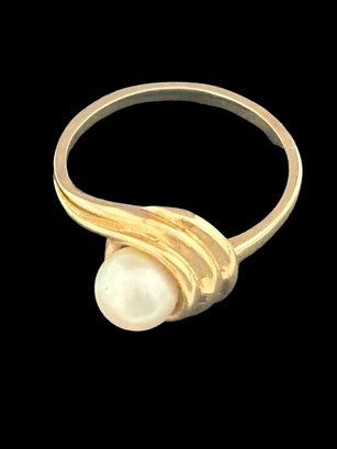 Vintage 14K Yellow Gold Swirl With Cultured Pearl Ring Size 6.75 Jeweler Verified & Acid Tested Mark Has Faded